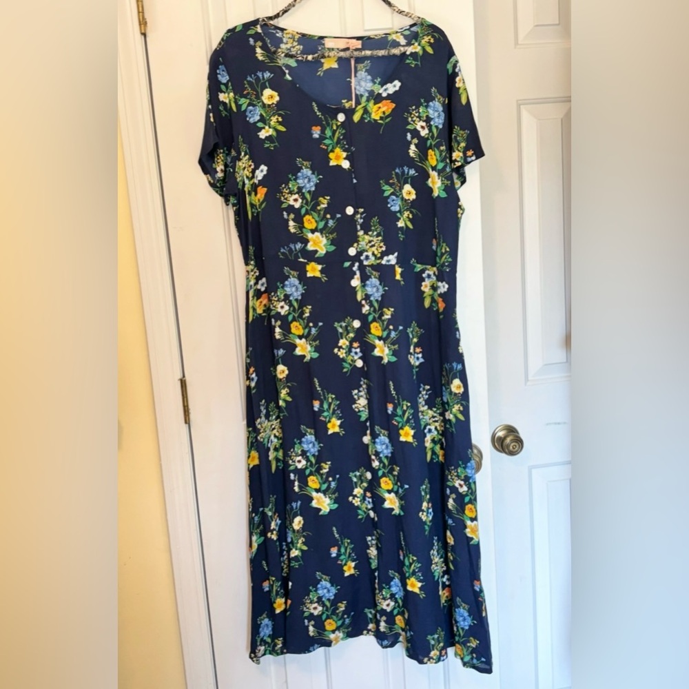 🎒BTS SALE📚 La Cera Navy Floral Button Front Midi Dress Pockets, 100% Rayon, XL - Picture 2 of 9
